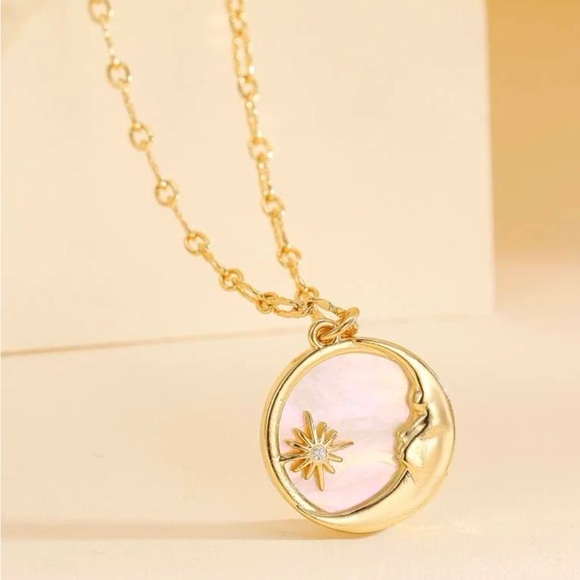 “Mother of Pearl Moon & Star” White Iridescent Shell Crescent Starburst Necklace - Picture 3 of 16